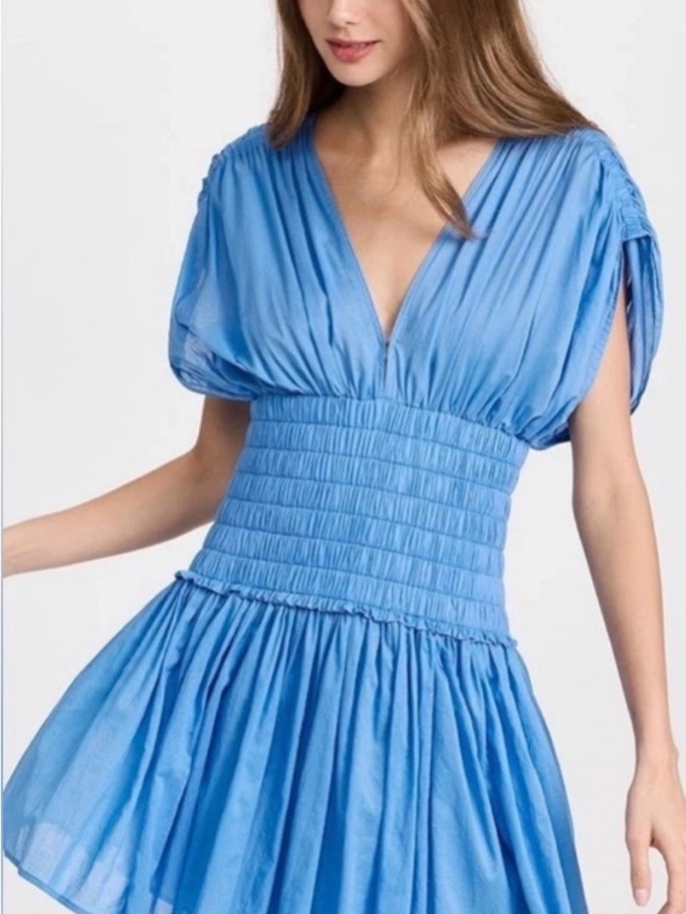 Blue V-Neck Smocked Waist Women’s Dress